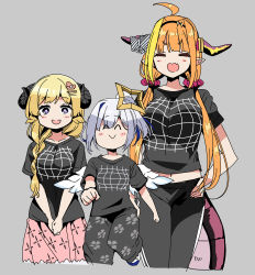 Rule 34 | 3girls, ^ ^, ^v^, ahoge, alternate costume, alternate hairstyle, amane kanata, angel wings, black pants, black shirt, blonde hair, blue hair, blush stickers, bow, braid, breasts, clenched hand, closed eyes, closed mouth, dragon horns, dragon tail, closed eyes, fang, floral print, flower, hair flaps, hair flower, hair ornament, hairclip, halo, hands on own hips, highres, hololive, horn bow, horn ornament, horns, illusion grid t-shirt, kiryu coco, large breasts, long hair, looking at viewer, medium breasts, meme attire, midriff, multicolored hair, multiple girls, navel, od od5392, open mouth, optical illusion, orange hair, own hands together, pants, pillow, pink skirt, ponytail, purple eyes, scrunchie, sheep horns, shirt, short hair, short sleeves, silver hair, simple background, skirt, small breasts, smile, sweatpants, t-shirt, tail, tsunomaki watame, twintails, two-tone hair, virtual youtuber, walking, wings