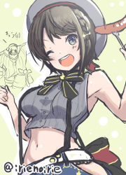 Rule 34 | 1girl, :d, armpits, arms up, bare shoulders, belt, black bow, black bowtie, black hair, blue eyes, blue shorts, bow, bowtie, buttons, food, fork, grey headwear, grey shirt, hat, holding, holding fork, hololive, irie keisuke (handn), looking at viewer, midriff, navel, one eye closed, oozora subaru, oozora subaru (2nd costume), open mouth, pinstripe pattern, pinstripe shirt, sausage, shirt, short hair, shorts, sleeveless, sleeveless shirt, smile, stomach, striped, suspender shorts, suspenders, twitter username, white belt
