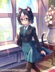 Rule 34 | 1girl, animal ear fluff, animal ears, black hair, black jacket, black pantyhose, blue-framed eyewear, blue bow, blue necktie, blue skirt, book, bow, braid, cardfight!! vanguard: overdress, cat ears, cat girl, cat tail, character request, collared shirt, commentary request, copyright notice, cropped jacket, feet out of frame, flower, glasses, hair bow, holding, holding book, indoors, jacket, long sleeves, multicolored hair, necktie, official art, pantyhose, pink flower, pleated skirt, shirt, skirt, solo, tail, two-tone hair, vase, watermark, white flower, white hair, white shirt, window, yoshino ryou