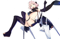 Rule 34 | 1girl, ahoge, asymmetrical gloves, bare shoulders, bikini, black bikini, black bow, black gloves, black scarf, blonde hair, bow, breasts, cleavage, fate/grand order, fate (series), gloves, grey eyes, hair bow, katana, large breasts, legs, looking at viewer, multi-strapped bikini, navel, okita j. souji (fate), okita j. souji (first ascension) (fate), okita souji (fate), okita souji (koha-ace), open mouth, pako (pakosun), scarf, short hair, simple background, smile, swimsuit, sword, thigh strap, thighhighs, thighs, uneven gloves, weapon, white background