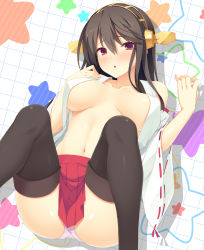 Rule 34 | 10s, 1girl, absurdres, bare shoulders, black hair, blush, breasts, brown eyes, crotch seam, detached sleeves, hairband, haruna (kancolle), highres, kantai collection, long hair, no bra, nontraditional miko, panties, pantyshot, ribbon-trimmed sleeves, ribbon trim, skirt, solo, two craft, underwear, white panties