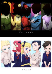 Rule 34 | 4boys, 6+girls, asksj, black bow, black eyes, black hair, blonde hair, blue dress, blue eyes, blue hair, blue jacket, bow, crossed arms, dress, emilico (shadows house), english text, flower, frown, green shirt, hair bow, hair flower, hair ornament, hand on own chest, highres, jacket, john (shadows house), kate (shadows house), looking at viewer, looking down, lou (shadows house), louise (shadows house), multiple boys, multiple girls, patrick (shadows house), profile, purple dress, ram (shadows house), red dress, red flower, red hair, ricky (shadows house), rose, shadows house, shaun (shadows house), shirley (shadows house), shirt, smile, twintails, upper body, white shirt, yellow dress, yellow eyes, yellow flower