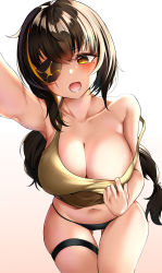 Rule 34 | 1girl, absurdres, bare shoulders, black hair, black panties, blonde hair, blush, breasts, cleavage, clothes pull, collarbone, crossed bangs, eyepatch, girls&#039; frontline, gr greeze, gradient background, highres, large breasts, looking at viewer, m16a1 (girls&#039; frontline), mole, mole under eye, multicolored hair, navel, no pants, off shoulder, one eye covered, open mouth, panties, shirt pull, simple background, skindentation, sleeveless, smile, solo, streaked hair, thigh strap, underwear, yellow eyes