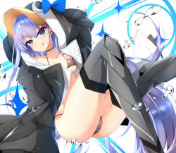 Rule 34 | 1girl, absurdres, animal hood, armor, ass, bare shoulders, bikini, black bikini, black jacket, blue eyes, blue ribbon, breasts, choker, closed mouth, collarbone, fate/grand order, fate (series), greaves, hair between eyes, highres, hood, jacket, licking lips, long hair, long sleeves, looking at viewer, meltryllis, meltryllis (fate), meltryllis (swimsuit lancer) (fate), meltryllis (swimsuit lancer) (first ascension) (fate), open clothes, open jacket, penguin hood, purple hair, ribbon, ripe.c, sleeves past fingers, sleeves past wrists, small breasts, sparkle, swimsuit, thighs, tongue, tongue out, very long hair, water, white background