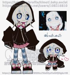 1girl :d ai-generated_art_(topic) bell black_footwear black_jacket black_sclera bow bowtie chibi colored_sclera colored_skin creepypasta dot_nose full_body grey_background grey_pantyhose grin heart hood hood_up hooded_jacket jacket jeff_the_killer jeff_the_killer_(ai-gen) jingle_bell kimoti_omoti long_sleeves medium_hair miniskirt open_mouth pantyhose pleated_skirt puffy_long_sleeves puffy_sleeves red_bow red_bowtie red_skirt reference_inset simple_background skirt sleeves_past_fingers sleeves_past_wrists smile standing striped_clothes striped_pantyhose twitter_username two-tone_pantyhose watermark web_address white_eyes white_hair white_pantyhose white_skin