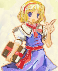 Rule 34 | 1girl, alice margatroid, blonde hair, blue eyes, book, capelet, female focus, hairband, momiji mao, pointing, short hair, solo, touhou