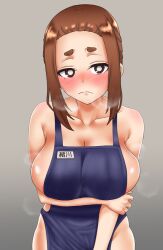 Rule 34 | 1girl, apron, arm grab, arm under breasts, bare shoulders, between legs, blue apron, blush, breasts, breath, brown eyes, brown hair, cleavage, closed mouth, collarbone, dot nose, embarrassed, eyebrows, eyelashes, female focus, gradient background, grey background, hand between legs, kaii to otome to kamikakushi, kenja panda, large breasts, looking at viewer, matching hair/eyes, mole, mole under eye, no bra, ogawa sumireko, short hair with long locks, sideboob, sidelocks, simple background, solo, thick eyebrows, upper body