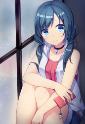 Rule 34 | 1girl, absurdres, amano hina (tenki no ko), amemiya ruki, black choker, blue eyes, blue hair, blue shorts, blush, breasts, cellphone, cellphone charm, charm (object), choker, closed mouth, collarbone, commentary request, highres, holding, holding phone, hood, hood down, hooded jacket, indoors, jacket, knees up, long hair, looking at viewer, low twintails, open clothes, open jacket, phone, rain, red shirt, shirt, short shorts, shorts, sitting, sleeveless, sleeveless jacket, sleeveless shirt, small breasts, smile, solo, tenki no ko, twintails, white jacket, window