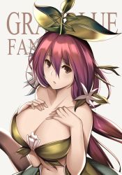 Rule 34 | 10s, 1girl, bare arms, bare shoulders, breast suppress, breasts, brown hair, cleavage, collarbone, copyright name, flower, granblue fantasy, hair between eyes, hair flower, hair ornament, highres, large breasts, leaf, leaf on head, long hair, looking at viewer, low twintails, monster girl, navel, parted lips, plant girl, red hair, solo, tony guisado, twintails, upper body, yggdrasill (granblue fantasy)