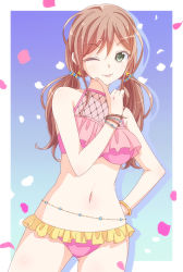 Rule 34 | 1girl, ;p, alternate hairstyle, bang dream!, bikini, bracelet, brown hair, cowboy shot, crop top, drop shadow, e20, earrings, finger to own chin, frilled bikini, frills, gradient background, green eyes, hand on own hip, imai lisa, index finger raised, jewelry, long hair, looking at viewer, midriff, navel, one eye closed, outside border, petals, pink bikini, sleeveless, solo, swimsuit, tongue, tongue out, twintails