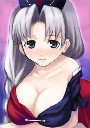 Rule 34 | 1girl, artist request, bare shoulders, blush, breasts, cleavage, female focus, hat, large breasts, leaning forward, non-web source, nurse, nurse cap, off shoulder, grey eyes, silver hair, solo, touhou, upper body, yagokoro eirin