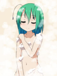 Rule 34 | 1girl, antennae, cato (monocatienus), closed eyes, collarbone, commentary request, completely nude, convenient censoring, green hair, medium hair, navel, nude, smile, soap bubbles, soap censor, solo, steam, touhou, upper body, water drop, wriggle nightbug