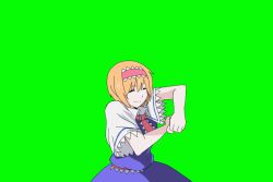 Rule 34 | 1girl, aasamu, action, alice margatroid, animated, animated gif, blonde hair, bois de justice, commentary, cookie (touhou), cutting, dies irae, explosion, green background, hinase (cookie), niconico, shinza bansho series, short hair, touhou, transformation