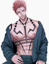 Rule 34 | 1boy, abs, between pectorals, black nails, blue pants, blue shirt, chest harness, chest tattoo, commentary, english commentary, extra eyes, facial tattoo, grin, harness, highres, jujutsu kaisen, large pectorals, long sleeves, looking at viewer, male focus, muscular, muscular male, navel, nipples, open clothes, open shirt, pants, pectorals, pink hair, red eyes, ryoumen sukuna (jujutsu kaisen), shirt, short hair, sitting, smile, solo, stomach tattoo, tattoo, teeth, white background, zhhy3324