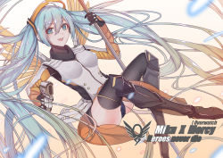 Rule 34 | 1girl, absurdly long hair, absurdres, aiming, aiming at viewer, aqua eyes, aqua hair, black footwear, black panties, black thighhighs, boots, breasts, brown background, character name, copyright name, cosplay, crossed legs, crossover, dutch angle, emblem, floating hair, gloves, gradient background, gun, halo, handgun, hatsune miku, highres, holding, holding gun, holding staff, holding weapon, knee boots, long hair, looking at viewer, mechanical halo, mechanical wings, medium breasts, mercy (overwatch), mercy (overwatch) (cosplay), open mouth, overwatch, overwatch 1, panties, pantyshot, pistol, smile, solo, sora (zwz030), staff, thighhighs, twintails, underwear, very long hair, vocaloid, weapon, wings