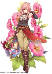 Rule 34 | 1girl, armor, armpits, boots, brown footwear, brown pants, expressionless, fingerless gloves, flower, flower knight girl, full body, gloves, green eyes, hollyhock, knee boots, long hair, looking at viewer, monety, name connection, object namesake, pants, pink hair, solo, standing, tachiaoi (flower knight girl), wand