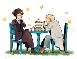 Rule 34 | 2girls, bakery, black hair, blonde hair, bug, butterfly, chair, cup, doctor who, eating, goth fashion, hat, hood, hoodie, bug, missy (doctor who), multiple girls, shop, table, teapot, the doctor, the master (doctor who), thirteenth doctor