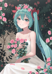 Rule 34 | 1girl, aqua eyes, aqua hair, bare arms, bare shoulders, bouquet, commentary request, dress, flower, hair between eyes, hair flower, hair ornament, hatsune miku, highres, holding, holding bouquet, long hair, looking at viewer, ootsuka you, parted lips, rose, sleeveless, sleeveless dress, smile, solo, spaghetti strap, twintails, very long hair, vocaloid, white dress