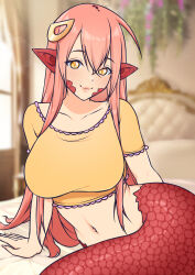 Rule 34 | 1girl, aquamei, artist name, collarbone, commentary, crop top, english commentary, hair between eyes, hair ornament, highres, indoors, lamia, lipstick, long hair, makeup, miia (monster musume), monster girl, monster musume no iru nichijou, nail polish, navel, on bed, paid reward available, pink hair, pointy ears, red scales, scales, slit pupils, smile, solo, very long hair, yellow crop top, yellow eyes