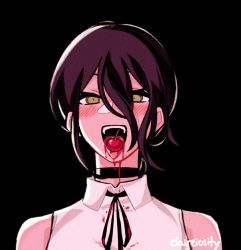 Rule 34 | 1girl, artist name, bare shoulders, black background, black choker, black neckwear, black ribbon, blood, blood from mouth, blood on clothes, blush, chainsaw man, cherry, choker, claireiosity, collared shirt, derivative work, eyebrows, eyelashes, female focus, food, food in mouth, fruit, green eyes, grenade pin, hair between eyes, hair bun, highres, long hair, looking at viewer, open mouth, pale skin, portrait, purple hair, reze (chainsaw man), ribbon, screenshot redraw, shirt, single hair bun, solo, teeth, tongue, tongue out, twitter username, watermark, white shirt