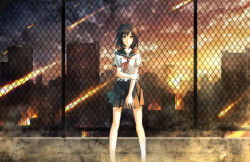Rule 34 | 1girl, bad id, bad nicoseiga id, bare legs, black hair, chain-link fence, cityscape, cloud, fence, fire, holding own arm, injury, looking at viewer, meteor, original, red eyes, rooftop, school uniform, seafh, serafuku, short hair, sky, solo, standing, star (sky), sunset, torn clothes, twilight