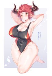 Rule 34 | 1girl, animal ears, armpits, arms behind head, arms up, arrow (symbol), bare arms, bare legs, bare shoulders, barefoot, black one-piece swimsuit, blush, breasts, casual one-piece swimsuit, cleavage, closed mouth, collarbone, commentary request, covered navel, cow ears, cow horns, curvy, draph, eno yukimi, full body, granblue fantasy, grey background, groin, head tilt, highres, horns, huge breasts, looking at viewer, one-piece swimsuit, orange eyes, pointy ears, red hair, red one-piece swimsuit, shiny skin, short hair, sidelocks, solo, sturm (granblue fantasy), sweatdrop, swimsuit, thick thighs, thighs, translation request, v-shaped eyebrows, wide hips