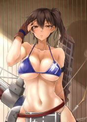 Rule 34 | 10s, 1girl, artist name, bikini, blue bikini, bow (weapon), breasts, brown eyes, brown gloves, brown hair, cleavage, collarbone, fingerless gloves, gloves, highres, kaga (kancolle), kantai collection, large breasts, navel, okitakung, open mouth, parted lips, partially fingerless gloves, partly fingerless gloves, short hair, side ponytail, solo, stomach, strap gap, string bikini, swimsuit, underboob, weapon, yugake