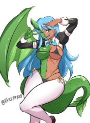 Rule 34 | 1girl, blue bow, blue bowtie, bowtie, breasts, double v, dragon girl, dragon horns, dragon tail, dragon wings, feet out of frame, female focus, green eyes, hair ornament, highres, horns, large breasts, long sleeves, looking at viewer, monster girl, navel, open mouth, original, pantyhose, simple background, single horn, single wing, smile, solo, tail, taku34128, teeth, thighs, tongue, v, white background, white pantyhose, wings