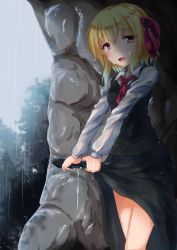 Rule 34 | 1girl, ascot, black skirt, black vest, blonde hair, breasts, cave, cloud, cloudy sky, commentary request, cowboy shot, day, dress, hair between eyes, hair ribbon, highres, long sleeves, looking at viewer, open mouth, outdoors, rain, red ascot, red eyes, ribbon, rody (hayama yuu), rumia, shirt, short hair, skirt, sky, small breasts, solo, touhou, vest, water drop, wet, wet clothes, wet hair, white shirt, wing collar, wringing clothes, wringing dress, wringing skirt