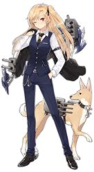 Rule 34 | 1girl, azur lane, black necktie, blonde hair, blush, buttoned cuffs, buttons, cleveland (azur lane), cleveland (gentry knight) (azur lane), closed mouth, collared shirt, dog, formal, full body, hand in pocket, hao (patinnko), long hair, long sleeves, looking at viewer, necktie, official art, one eye closed, red eyes, shirt, solo, star (symbol), striped clothes, suit, transparent background, vertical-striped clothes, vertical-striped necktie