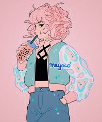 Rule 34 | 1girl, artist name, bad id, bad twitter id, black eyes, blue pants, bubble tea, constellation, cowboy shot, cup, denim, drinking, drinking straw, hand in pocket, jeans, living hair, long sleeves, looking at viewer, meyoco, midriff, monster girl, original, pants, pink background, pink hair, profile, simple background, snake, snake hair, solo, sparkle