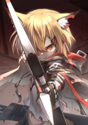 Rule 34 | 1girl, angry, animal ear fluff, animal ears, arknights, blonde hair, bow (weapon), cape, clenched teeth, eyelashes, female focus, fingerless gloves, fox ears, gloves, hair ornament, hair over one eye, hairclip, highres, holding, holding bow (weapon), holding weapon, hood, jewelry, looking at viewer, midriff, mitake eil, navel, necklace, notched ear, red eyes, scar, serious, short hair, solo, teeth, tooth necklace, vermeil (arknights), weapon