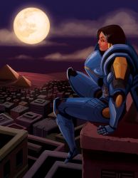 Rule 34 | 1girl, city, dark-skinned female, dark skin, female focus, from side, highres, moon, outdoors, overwatch, overwatch 1, pharah (overwatch), pyramid (structure), sitting, solo, tagme