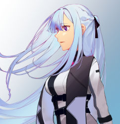 Rule 34 | 1girl, ak-12 (girls&#039; frontline), blue hair, braid, breasts, closed mouth, drawing, french braid, girls&#039; frontline, hair between eyes, hair ribbon, highres, blue background, light blue hair, long hair, looking at viewer, medium breasts, ponytail, profile, purple eyes, ribbon, simple background, solo, tactical clothes, talnory, upper body