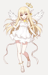 Rule 34 | 1girl, :d, bare shoulders, blonde hair, blush, brown eyes, commentary, dress, feathered wings, full body, grey background, head tilt, layered dress, long hair, looking at viewer, mauve, open mouth, original, pleated dress, sandals, simple background, sleeveless, sleeveless dress, smile, solo, standing, standing on one leg, symbol-only commentary, very long hair, white dress, white footwear, white wings, wings