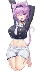 Rule 34 | 1girl, absurdres, ahoge, animal ear fluff, animal ears, arms up, bad leg, barefoot, black choker, black shirt, breasts, buttons, cat ears, cat girl, cat tail, choker, collarbone, commentary, crop top, crop top overhang, fang, feet, hair intakes, hairband, highres, hololive, large breasts, looking at viewer, midriff, navel, neckerchief, nekomata okayu, nekomata okayu (casual), one eye closed, open mouth, purple eyes, purple hair, sailor collar, shirt, short hair, short shorts, shorts, simple background, solo, stomach, stretching, tail, tail raised, tearing up, thighs, virtual youtuber, white background, white shorts, woogi (duguddnr)