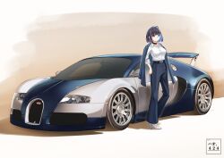 Rule 34 | 1girl, artist name, belt, black belt, black hair, blue eyes, blue hair, blue jacket, breasts, bugatti, bugatti veyron, car, collared shirt, colored inner hair, hair behind ear, haow, high heels, highres, hololive, hololive english, jacket, jacket on shoulders, looking at viewer, medium breasts, motor vehicle, multicolored hair, ouro kronii, shirt, shirt tucked in, short hair, smile, solo, sports car, vehicle focus, virtual youtuber, white footwear, white shirt