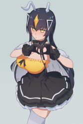 Rule 34 | 1girl, black bow, black bowtie, black gloves, black hair, blush, bow, bowtie, breasts, cleavage, detached sleeves, dress, frilled dress, frills, gloves, grey background, hair between eyes, hair ornament, headpiece, heart, heart hands, highres, himokawa udon, horns, large breasts, long hair, looking at viewer, parted lips, simple background, solo, ultra kaijuu gijinka keikaku, ultra series, very long hair, white legwear, yellow eyes, zetton