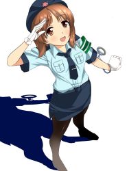 Rule 34 | 10s, 1girl, armband, bad id, bad twitter id, belt, black pantyhose, blush, brown eyes, brown hair, cosplay, cuffs, dress shirt, emblem, from above, girls und panzer, gloves, handcuffs, hat, looking at viewer, miniskirt, necktie, nishizumi miho, nksk, open mouth, pantyhose, pencil skirt, police, police uniform, policewoman, salute, shadow, shirt, shoes, short hair, short sleeves, skirt, smile, solo, standing, uniform, white background, white gloves