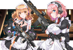 Rule 34 | 2girls, assault rifle, barcode, black gloves, black jacket, blonde hair, blue eyes, blush, breasts, commentary request, fatkewell, frilled shirt, frills, gloves, gun, headset, highres, holding, holding gun, holding weapon, id card, jacket, long sleeves, looking at viewer, magazine (weapon), maid, maid headdress, multiple girls, original, pink hair, rifle, scope, shirt, short hair, sig sauer, sig mcx, sig mpx, smile, standing, submachine gun, weapon, yellow eyes