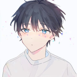 Rule 34 | 1boy, black hair, blank stare, blue eyes, blush, casual, closed mouth, commentary request, expressionless, hair between eyes, highres, looking ahead, male focus, original, partial commentary, portrait, shirt, short hair, simple background, t-shirt, upper body, white background, white shirt, wispy bangs, yuyu
