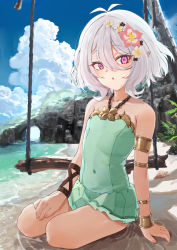 Rule 34 | 1girl, antenna hair, aqua one-piece swimsuit, armlet, bare shoulders, beach, blue sky, blush, bracelet, chen bingyou, cloud, covered navel, day, flat chest, flower, hair between eyes, hair flower, hair ornament, highres, jewelry, kokkoro (princess connect!), kokkoro (summer) (princess connect!), looking at viewer, one-piece swimsuit, open mouth, outdoors, pointy ears, princess connect!, purple eyes, short hair, sky, solo, swimsuit, swing