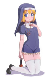 Rule 34 | 1girl, absurdres, bad id, bad pixiv id, ball gag, black footwear, blonde hair, blue eyes, blush, closed mouth, cross, cross print, dress, full body, gag, habit, hair between eyes, hand on own chest, hexagram, highres, holding, inverted cross, jewelry, kneeling, looking at viewer, mary janes, nun, original, pendant, puffy short sleeves, puffy sleeves, purple dress, shoes, short dress, short hair, short sleeves, solo, star of david, surio, sweat, thighhighs, white background, white thighhighs, wiffle gag