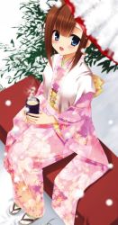 Rule 34 | 1girl, blue eyes, brown hair, character request, from above, hidan no aria, japanese clothes, kimono, kobuichi, looking at viewer, open mouth, outdoors, sash, short hair with long locks, sidelocks, snow, solo, white legwear, yukata
