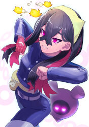 Rule 34 | 1girl, belt, belt buckle, black hair, blue jacket, blue pants, body control, buckle, buttons, carmine (pokemon), commentary request, creatures (company), crossed bangs, eyelashes, fanny pack, game freak, gloves, hair between eyes, hairband, harnetyss, highres, jacket, long hair, long sleeves, mochi mochi dance, mole, mole under eye, multicolored hair, nintendo, pants, partially fingerless gloves, pecharunt, pink eyes, pokemon, pokemon (creature), pokemon sv, single glove, two-tone hair, white background, yellow bag, yellow hairband, zipper pull tab