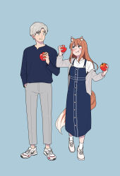 Rule 34 | 1boy, 1girl, absurdres, animal ears, apple, black dress, black shirt, blue background, blush, brown eyes, brown hair, contemporary, craft lawrence, dress, eating, food, fruit, full body, grey hair, grey pants, hand in pocket, highres, holding, holding food, holding fruit, holo, long hair, long sleeves, nivearich, off-shoulder shirt, off shoulder, pants, shirt, shoes, short hair, simple background, spice and wolf, standing, tail, white footwear, white shirt, wolf ears, wolf girl, wolf tail