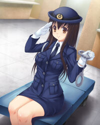 Rule 34 | 1girl, aocchi, bench, black necktie, brown eyes, brown hair, cuffs, gloves, hair between eyes, hand up, handcuffs, hat, highres, holding, holding handcuffs, indoors, long hair, long sleeves, looking at viewer, necktie, official art, pencil skirt, peropero saimin, pocket, police, police hat, police uniform, policewoman, salute, sitting, skirt, smile, solo, tile floor, tiles, uniform, white gloves