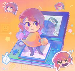 Rule 34 | 1girl, blush, brown hair, chibi, closed mouth, commentary, cursor, dress, dummy girl (mii), english commentary, full body, handheld game console, highres, medium hair, mii (nintendo), nat0rii, nintendo, nintendo 3ds, notice lines, smile, solo focus, standing, yellow dress