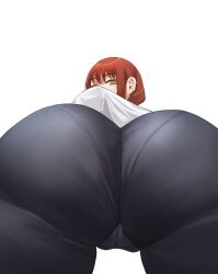 Rule 34 | 1girl, absurdres, ass, bellone, black pants, chainsaw man, formal, from behind, from below, highres, looking at viewer, looking back, looking down, makima (chainsaw man), orange eyes, pants, pantylines, red hair, ringed eyes, shirt, simple background, solo, suit, white background, white shirt