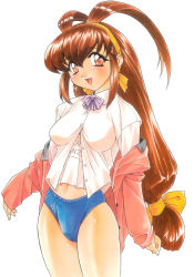 Rule 34 | 1girl, antenna hair, artist request, battle athletes, brown hair, buruma, character name, clothes writing, cowboy shot, gym uniform, hairband, kanzaki akari, long hair, long sleeves, looking at viewer, low-tied long hair, off shoulder, open clothes, open mouth, open shirt, painting (medium), red eyes, shirt, simple background, solo, traditional media, watercolor (medium), white background